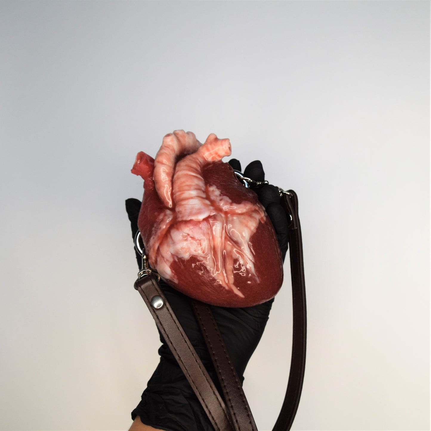 Human heart bag, black/brown strap