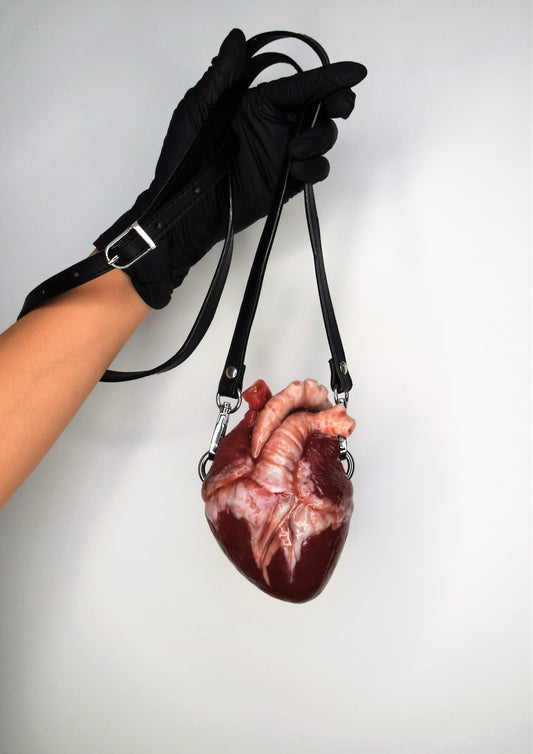 Human heart bag, black/brown strap